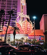 A brightly lit casino with neon lights in vibrant red, pink, and blue, featuring a large flamingo signage. Palm trees are visible in the foreground with vehicles passing by on the street at night.